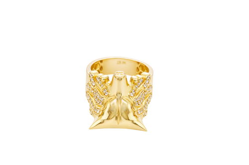 14KT Gold Ring Men's Mini Wolf Ring with White CZ Stones Fur