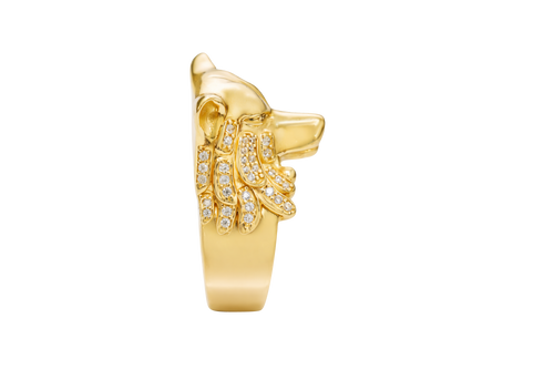 14KT Gold Ring Men's Mini Wolf Ring with White CZ Stones Fur
