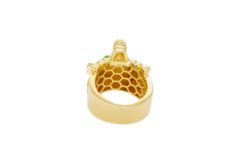 14KT Gold Ring Men's Jumbo Wolf Ring with White CZ Stones Fur and Green Eyes