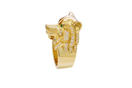 14KT Gold Ring Men's Jumbo Wolf Ring with White CZ Stones Fur and Green Eyes