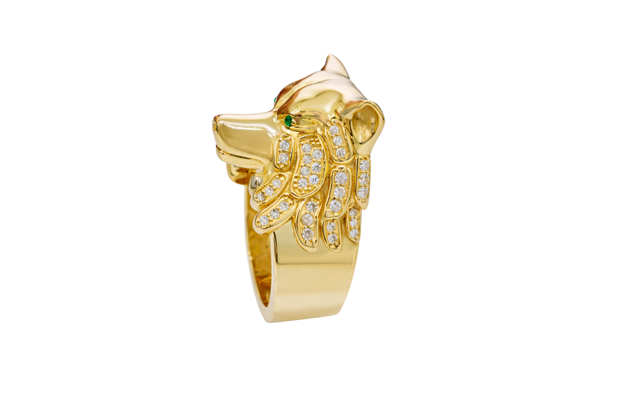 14KT Gold Ring Men's Jumbo Wolf Ring with White CZ Stones Fur and Green Eyes