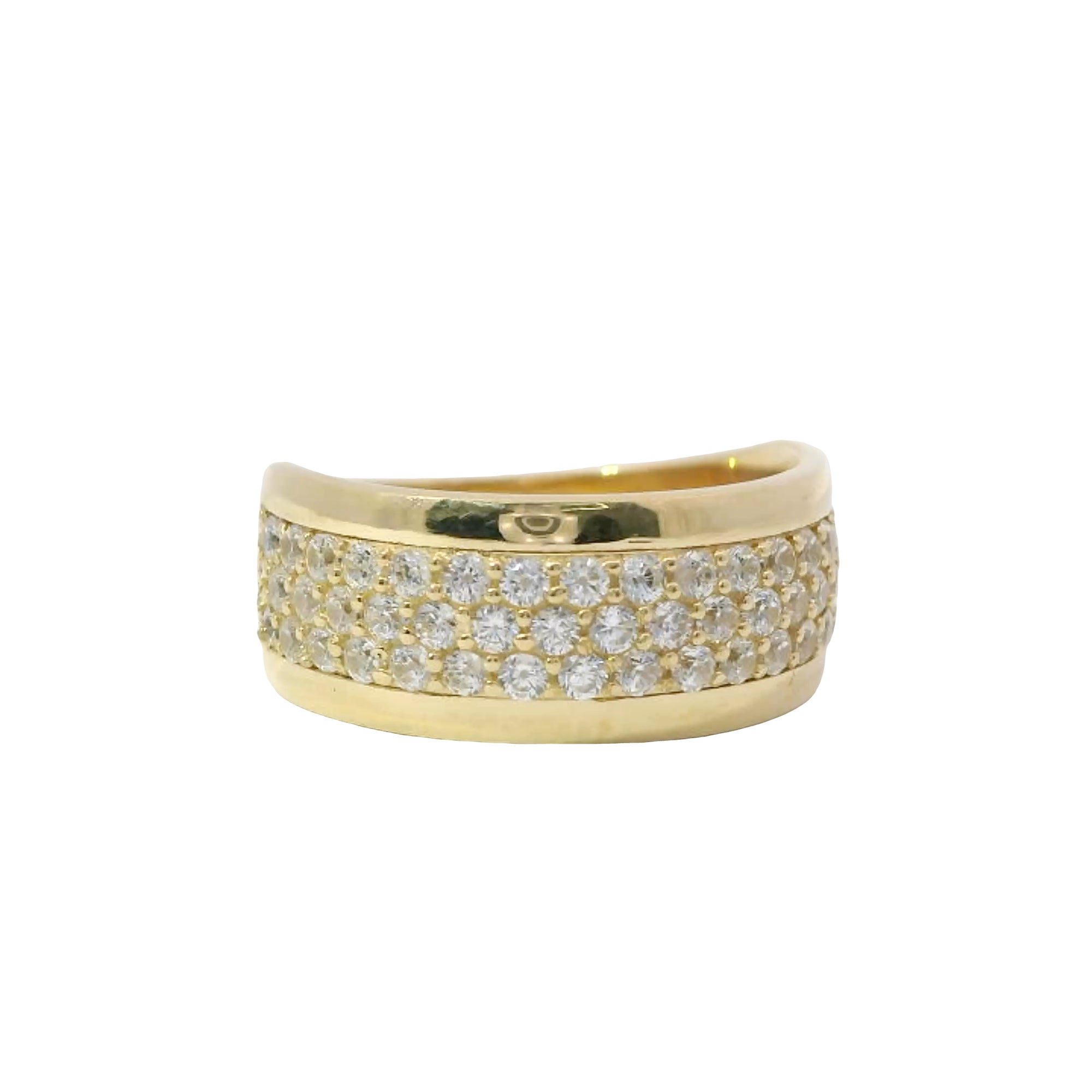 14KT Gold Ring Women's Band Wide Triple Row of White CZ Stones and Plain Borders