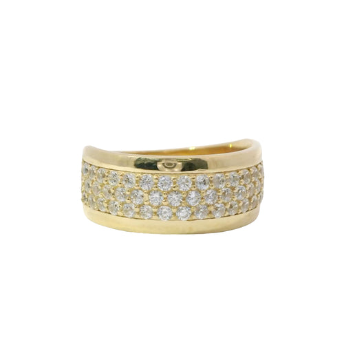 14KT Gold Ring Women's Band Wide Triple Row of White CZ Stones and Plain Borders