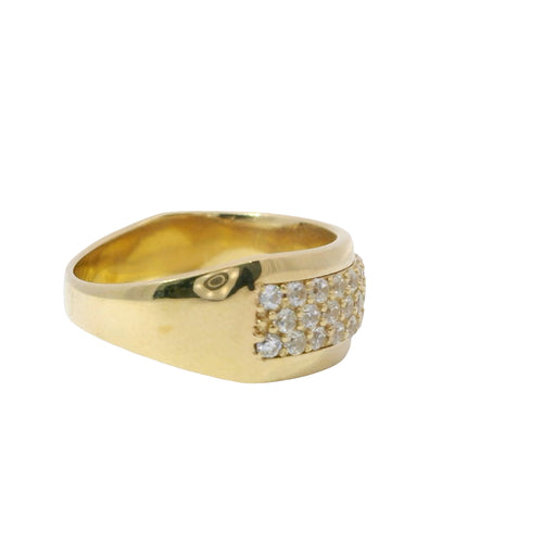 14KT Gold Ring Women's Band Wide Triple Row of White CZ Stones and Plain Borders