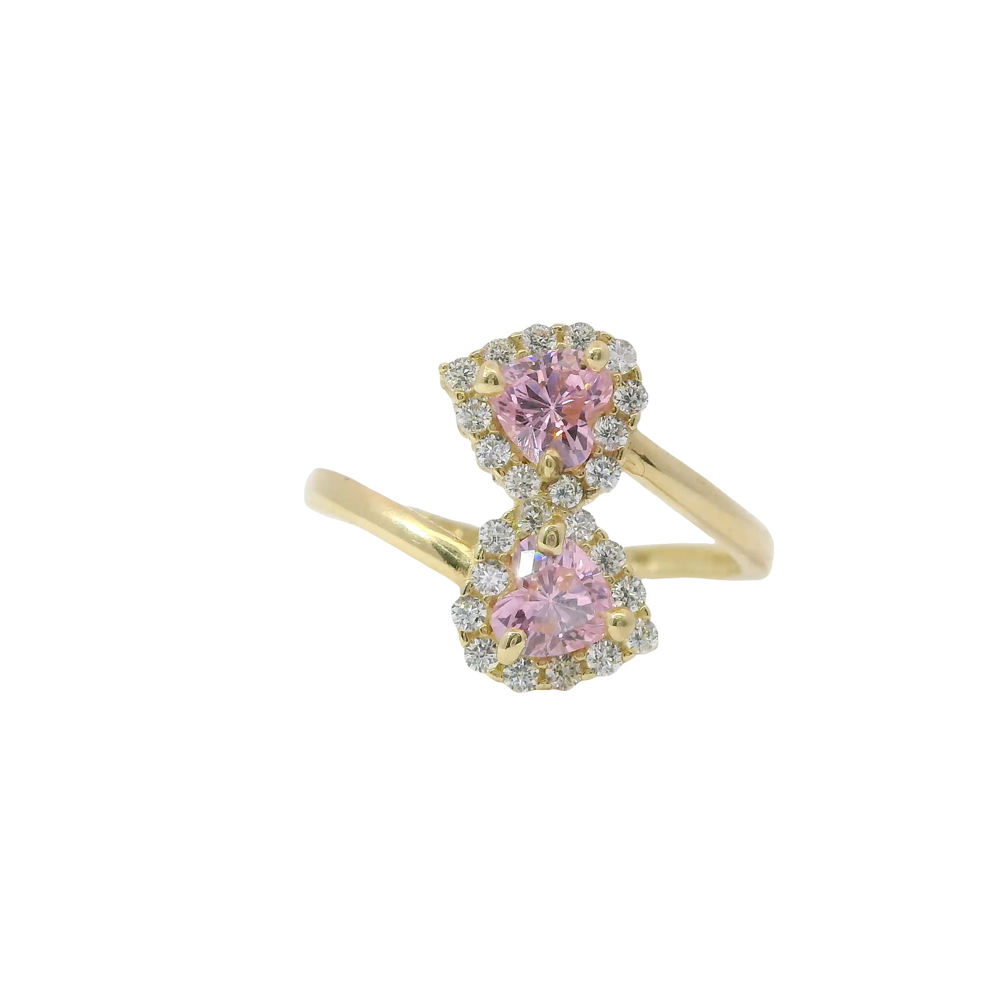 14KT Gold Ring Women's Pink CZ Stone Hearts with White CZ Stone Borders Bypass Band