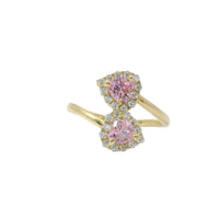 14KT Gold Ring Women's Pink CZ Stone Hearts with White CZ Stone Borders Bypass Band