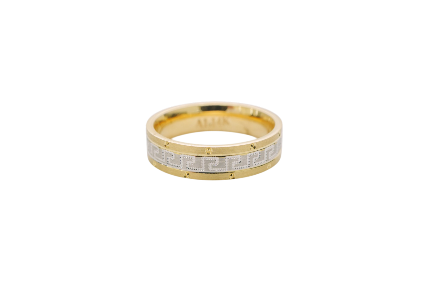 14KT Gold Ring Unisex Solid Two Tone Greek Center with Designer Screw Border