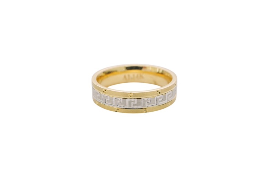 14KT Gold Ring Unisex Solid Two Tone Greek Center with Designer Screw Border