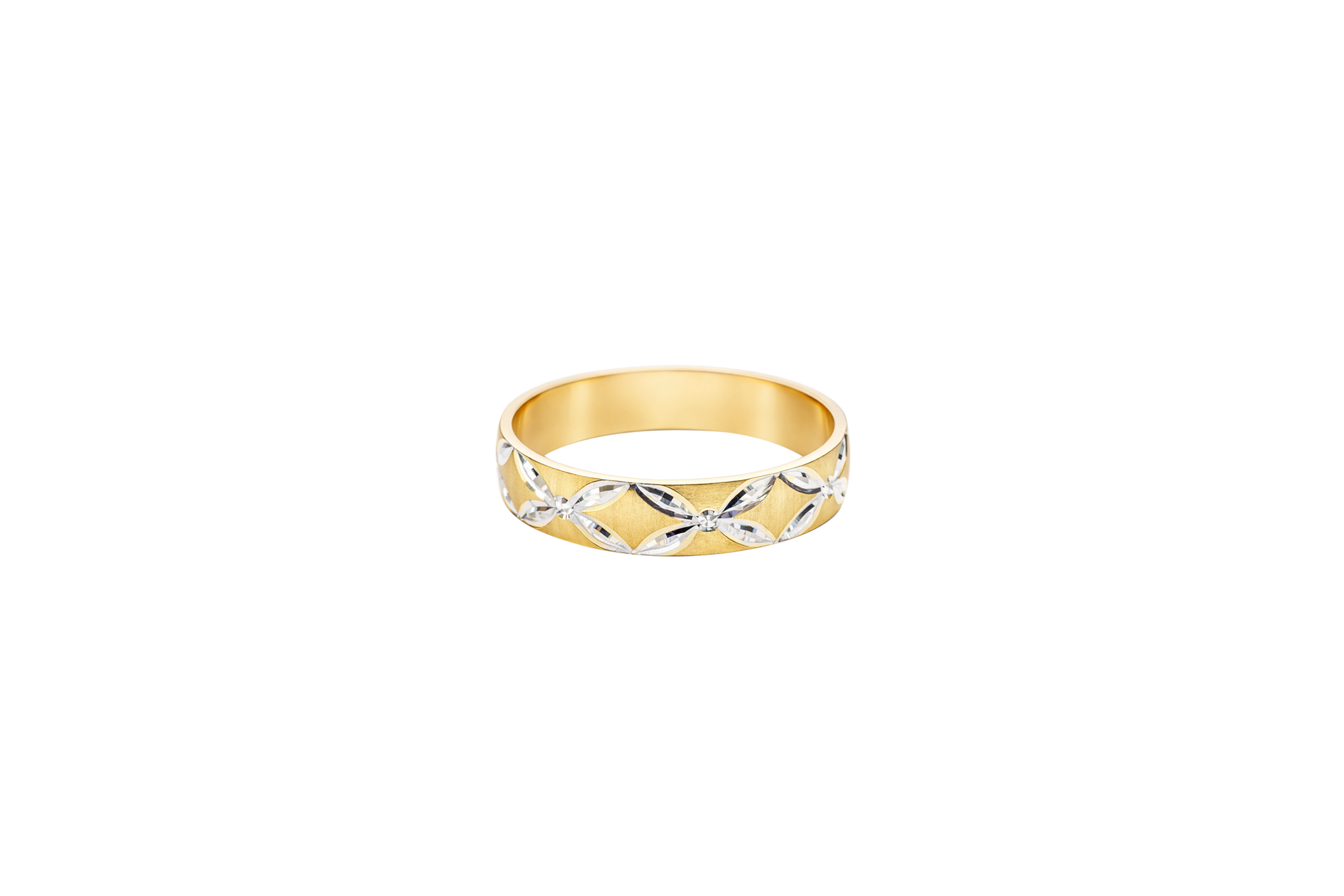 14KT Gold Ring Unisex Solid Six Two Tone 4 Petal Etched Flowers
