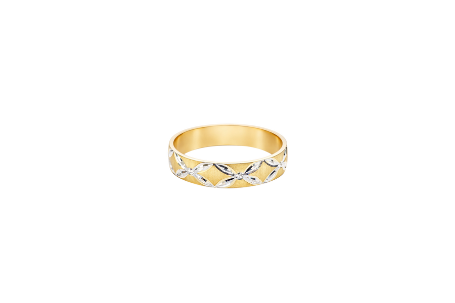 14KT Gold Ring Unisex Solid Six Two Tone 4 Petal Etched Flowers