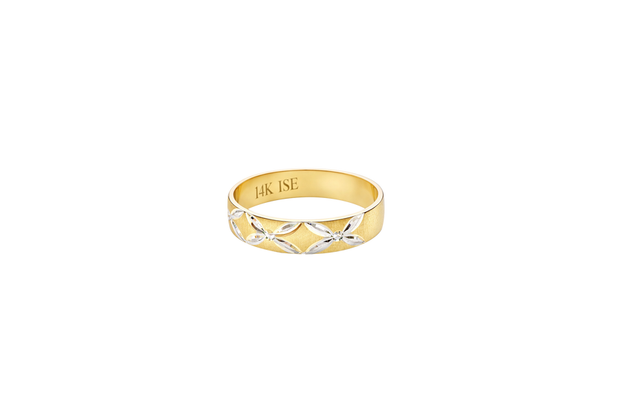 14KT Gold Ring Unisex Solid Six Two Tone 4 Petal Etched Flowers
