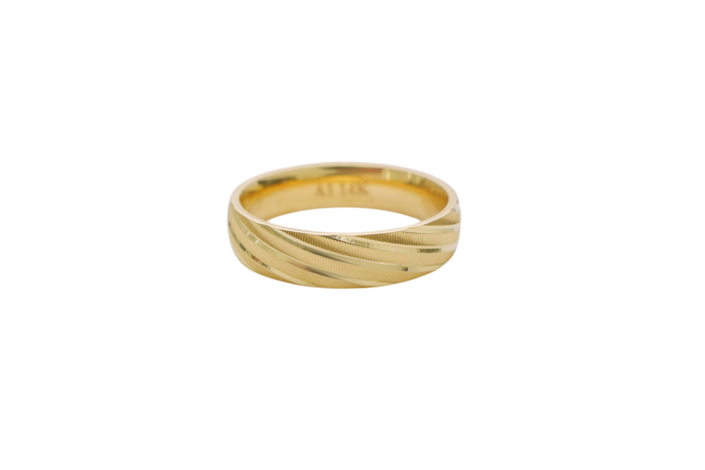 14KT Gold Ring Unisex Solid Diagonal Plain Matt / Glossy Etched Stripes Band