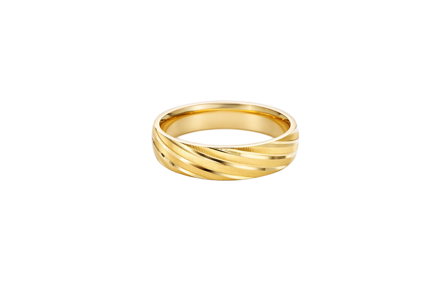 14KT Gold Ring Unisex Solid Diagonal Plain Matt / Glossy Etched Stripes Band