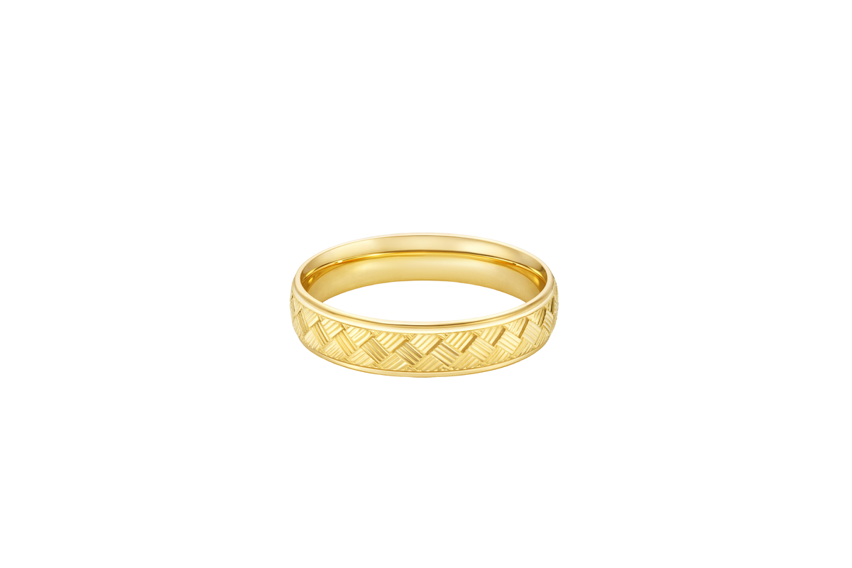 14KT Gold Ring Unisex Solid Parquet Print Plain Border Band
