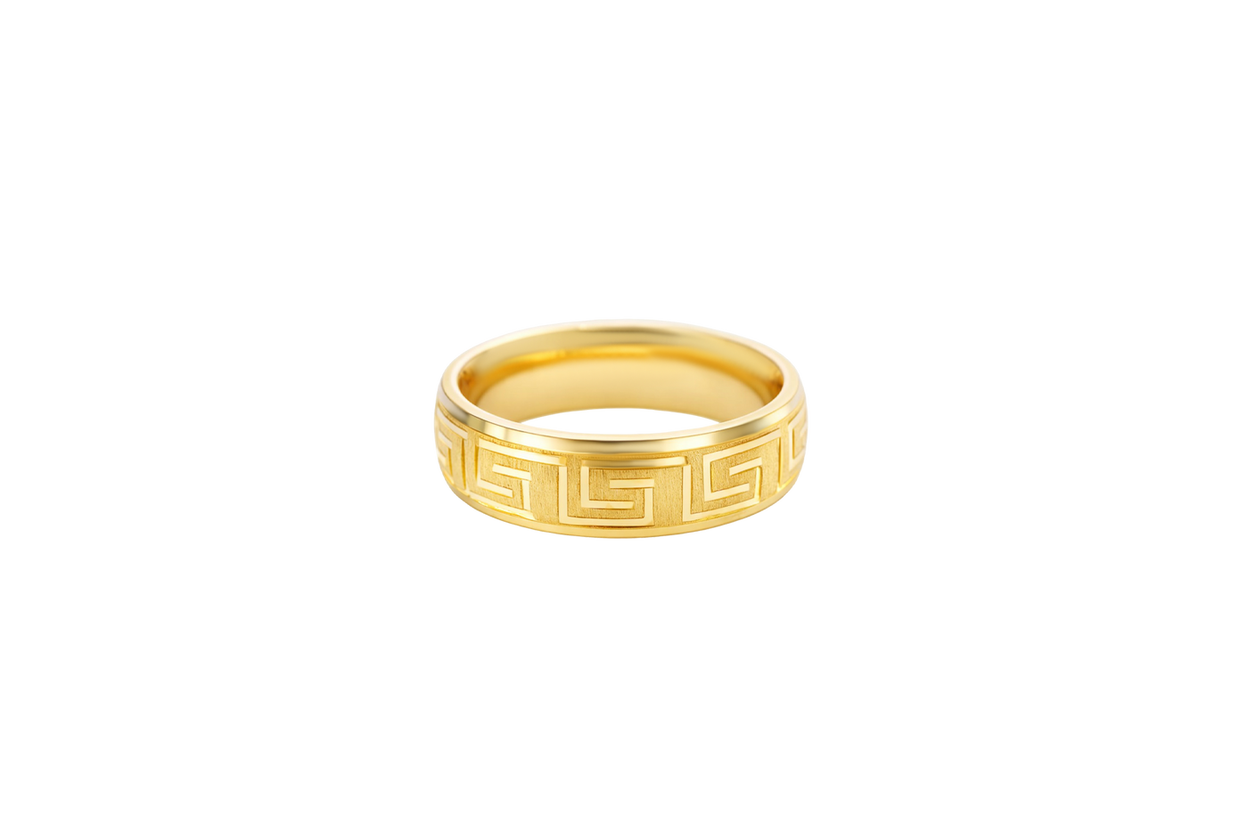 14KT Gold Ring Unisex Solid Etched Matt Greek Center Design with Plain Borders