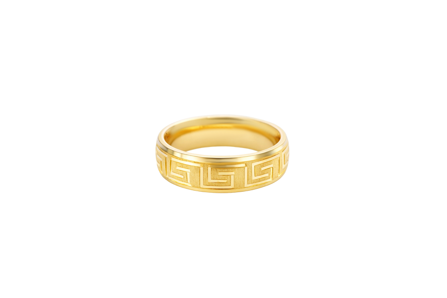 14KT Gold Ring Unisex Solid Etched Matt Greek Center Design with Plain Borders