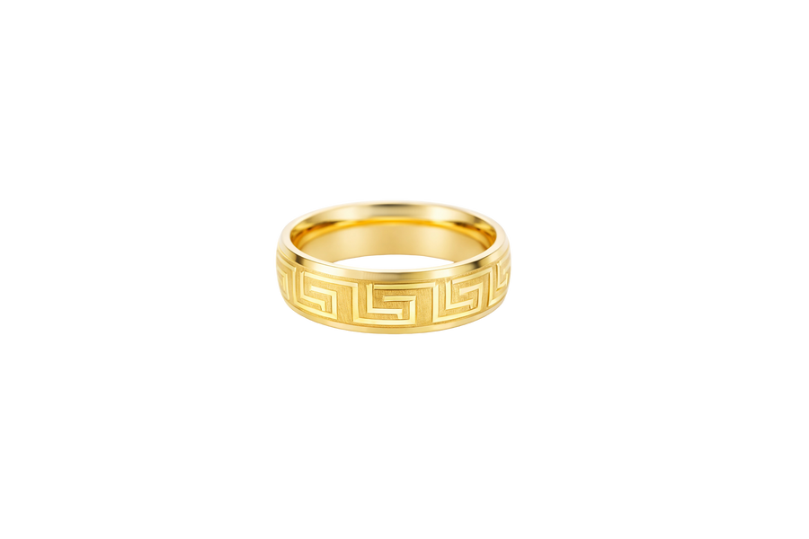 14KT Gold Ring Unisex Solid Etched Matt Greek Center Design with Plain Borders