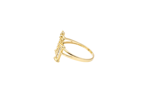 14KT Gold Ring Women's "15 Anos" Quinceanera White CZ Stones Gate with One Gold Five Petal Plain Gold Flower and Plain Split Band