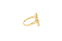 14KT Gold Ring Women's "15 Anos" Quinceanera White CZ Stones Gate with One Gold Five Petal Plain Gold Flower and Plain Split Band