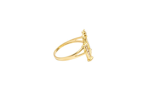 14KT Gold Ring Women's "15 Anos" Quinceanera White CZ Stones Gate with One Gold Five Petal Plain Gold Flower and Plain Split Band