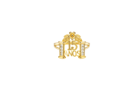 14KT Gold Ring Women's "15 Anos" Quinceanera White CZ Stones Gate with One Gold Five Petal Plain Gold Flower and Plain Split Band