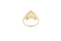 14KT Gold Ring Women's "15 Anos" Quinceanera White CZ Stones Gate with One Gold Five Petal Plain Gold Flower and Plain Split Band