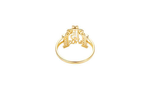 14KT Gold Ring Women's "15 Anos" Quinceanera White CZ Stones Gate with One Gold Five Petal Plain Gold Flower and Plain Split Band
