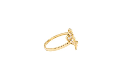 14KT Gold Ring Women's "15" Bow Quinceanera Heart Shape White CZ Stones Border and Plain Border Corner Three CZ Stone Heart Plain Band