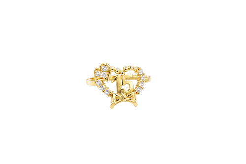 14KT Gold Ring Women's "15" Bow Quinceanera Heart Shape White CZ Stones Border and Plain Border Corner Three CZ Stone Heart Plain Band