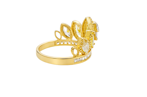 14KT Gold Ring Women's "15" Quinceanera Crown Yellow/ White CZ Stones with White Square CZ Stones Band