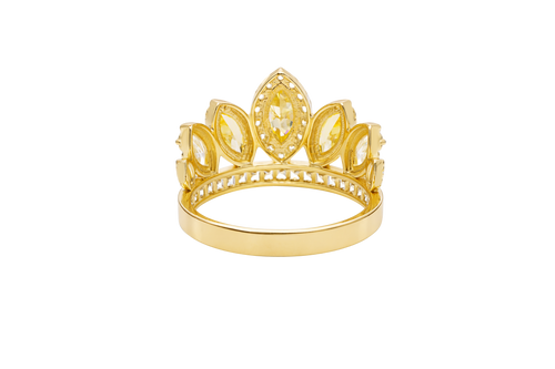 14KT Gold Ring Women's "15" Quinceanera Crown Yellow/ White CZ Stones with White Square CZ Stones Band
