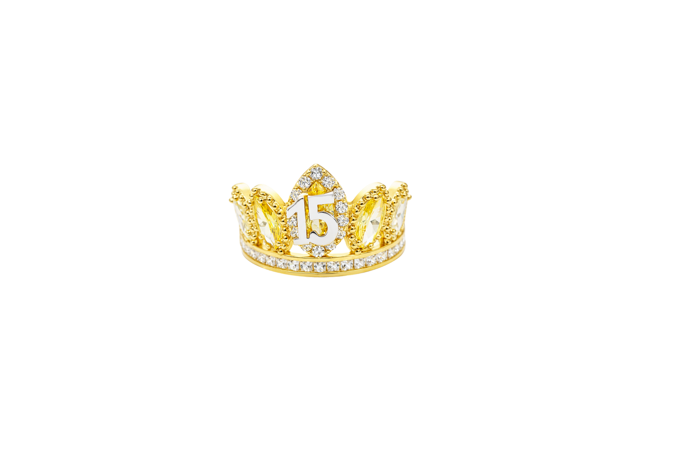 14KT Gold Ring Women's "15" Quinceanera Crown Yellow/ White CZ Stones with White Square CZ Stones Band