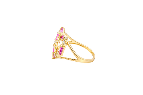 14KT Gold Ring Women's "15" Quinceanera Dark Pink / White CZ Stones Open Heart and Plain Split Band