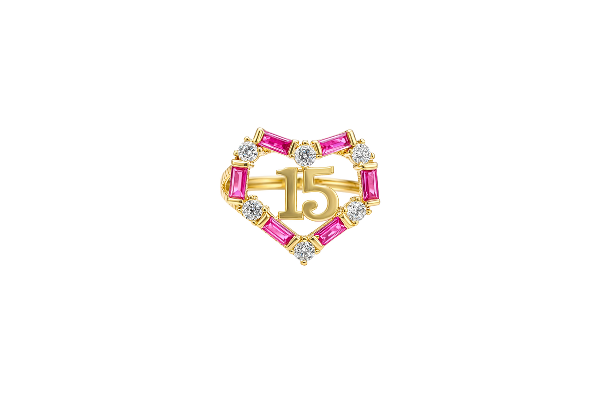 14KT Gold Ring Women's "15" Quinceanera Dark Pink / White CZ Stones Open Heart and Plain Split Band