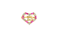 14KT Gold Ring Women's "15" Quinceanera Dark Pink / White CZ Stones Open Heart and Plain Split Band