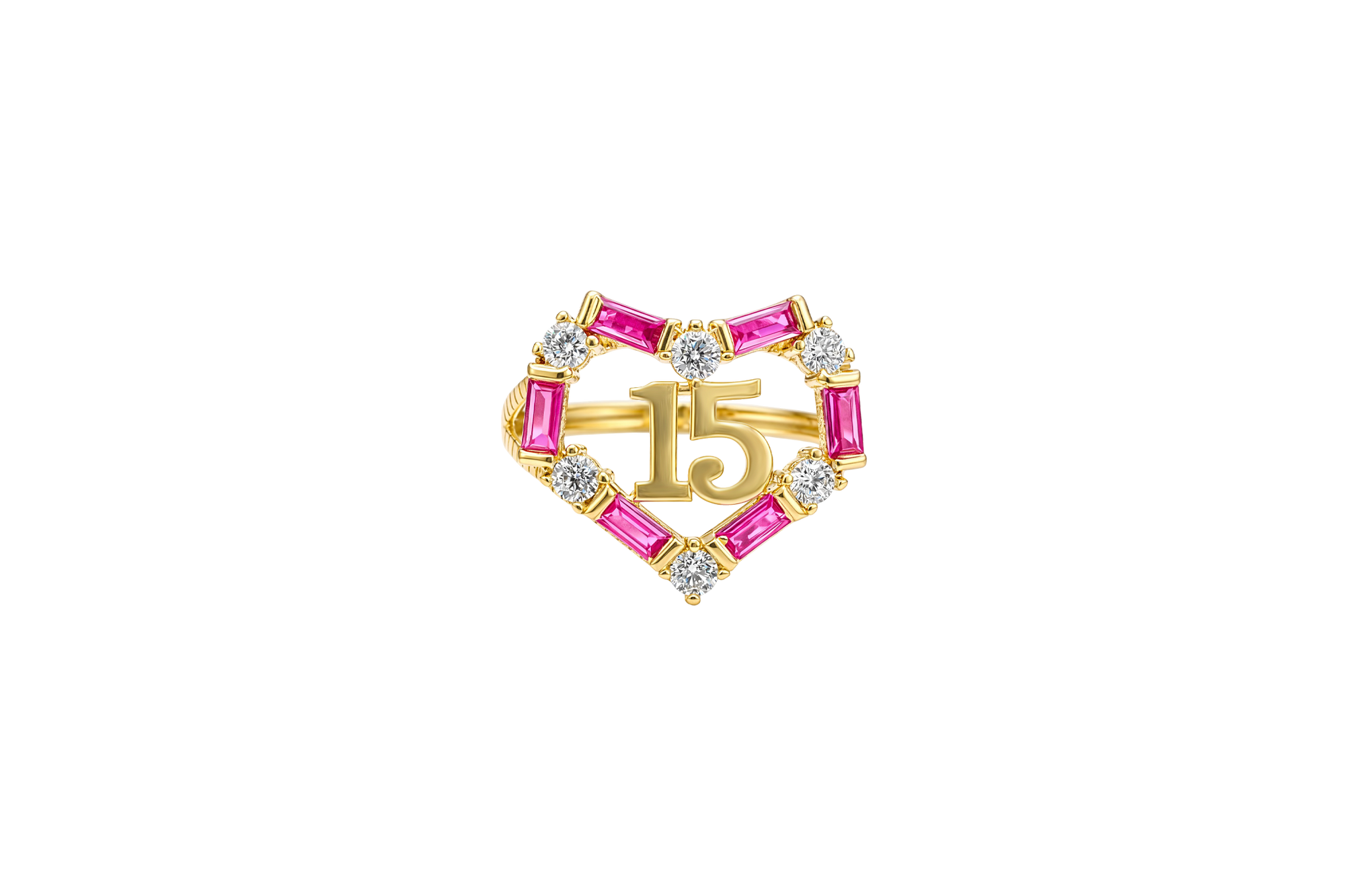 14KT Gold Ring Women's "15" Quinceanera Dark Pink / White CZ Stones Open Heart and Plain Split Band