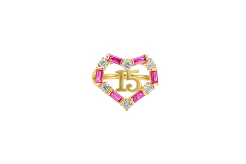 14KT Gold Ring Women's "15" Quinceanera Dark Pink / White CZ Stones Open Heart and Plain Split Band