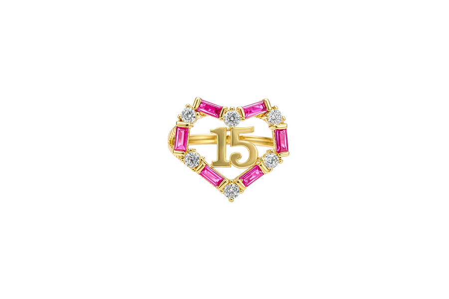 14KT Gold Ring Women's "15" Quinceanera Dark Pink / White CZ Stones Open Heart and Plain Split Band