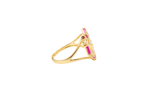 14KT Gold Ring Women's "15" Quinceanera Dark Pink / White CZ Stones Open Heart and Plain Split Band