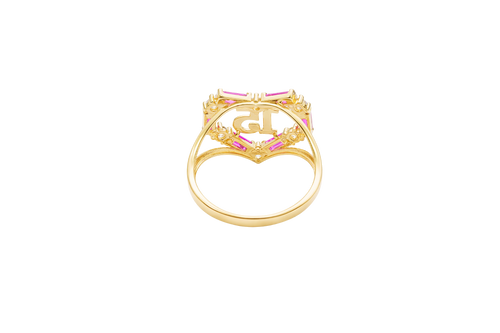 14KT Gold Ring Women's "15" Quinceanera Dark Pink / White CZ Stones Open Heart and Plain Split Band