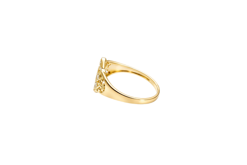 14KT Gold Ring Women's Floral Shape "15" Quinceanera with 10 Round White CZ Stones Border and Flur de Lis Plain Band