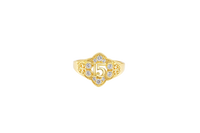 14KT Gold Ring Women's Floral Shape "15" Quinceanera with 10 Round White CZ Stones Border and Flur de Lis Plain Band
