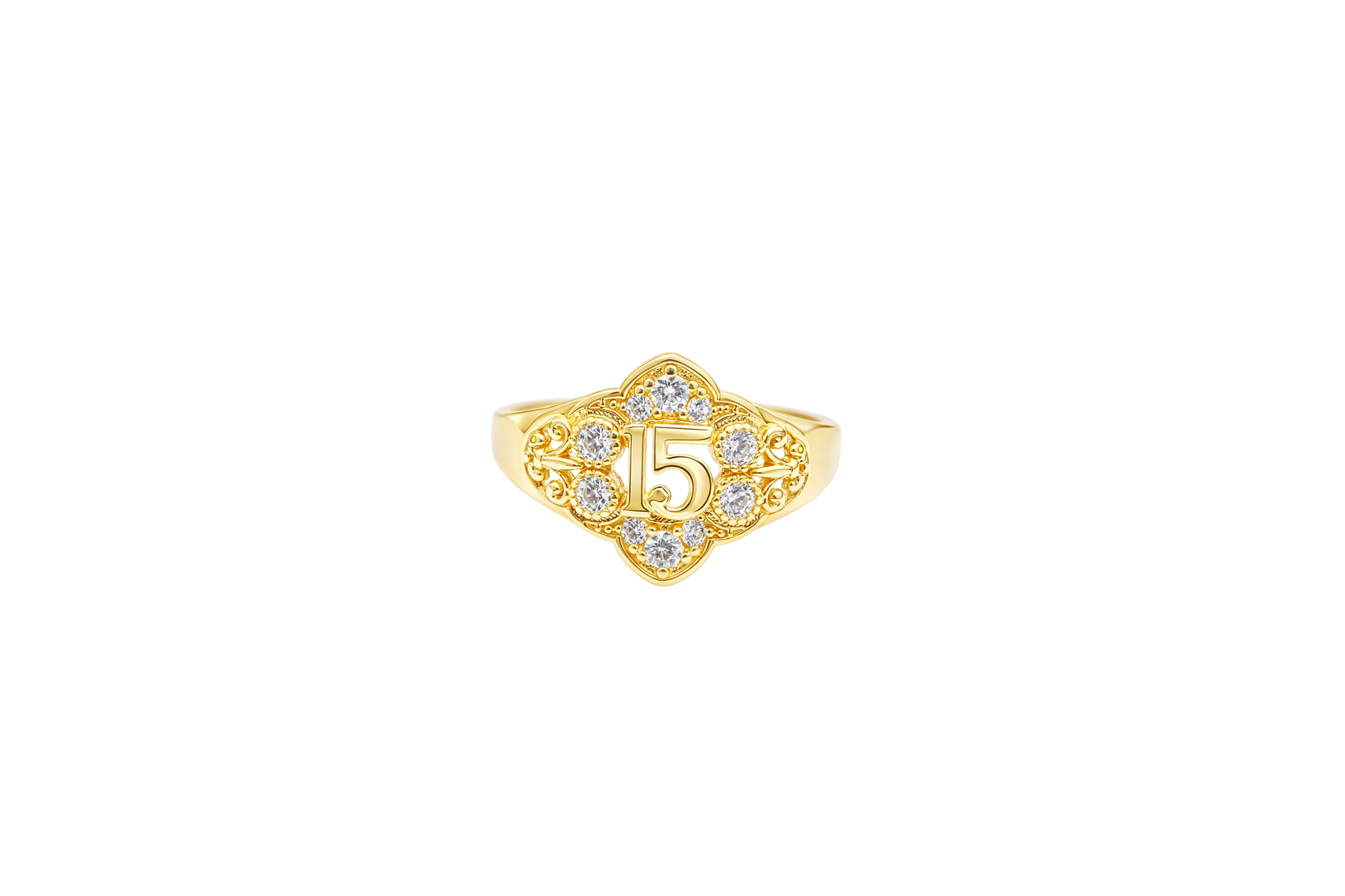14KT Gold Ring Women's Floral Shape "15" Quinceanera with 10 Round White CZ Stones Border and Flur de Lis Plain Band