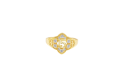 14KT Gold Ring Women's Floral Shape "15" Quinceanera with 10 Round White CZ Stones Border and Flur de Lis Plain Band