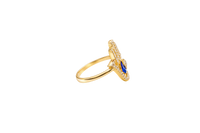 14KT Gold Ring Women's Hand 2 Navy Blue Pear Center CZ Stones with White CZ Stones Borders and Plain Band