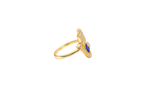 14KT Gold Ring Women's Hand 2 Navy Blue Pear Center CZ Stones with White CZ Stones Borders and Plain Band