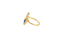 14KT Gold Ring Women's Hand 2 Navy Blue Pear Center CZ Stones with White CZ Stones Borders and Plain Band