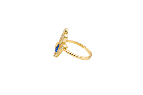 14KT Gold Ring Women's Hand 2 Navy Blue Pear Center CZ Stones with White CZ Stones Borders and Plain Band