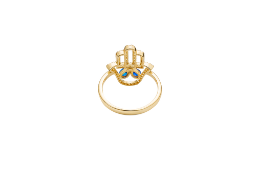 14KT Gold Ring Women's Hand 2 Navy Blue Pear Center CZ Stones with White CZ Stones Borders and Plain Band