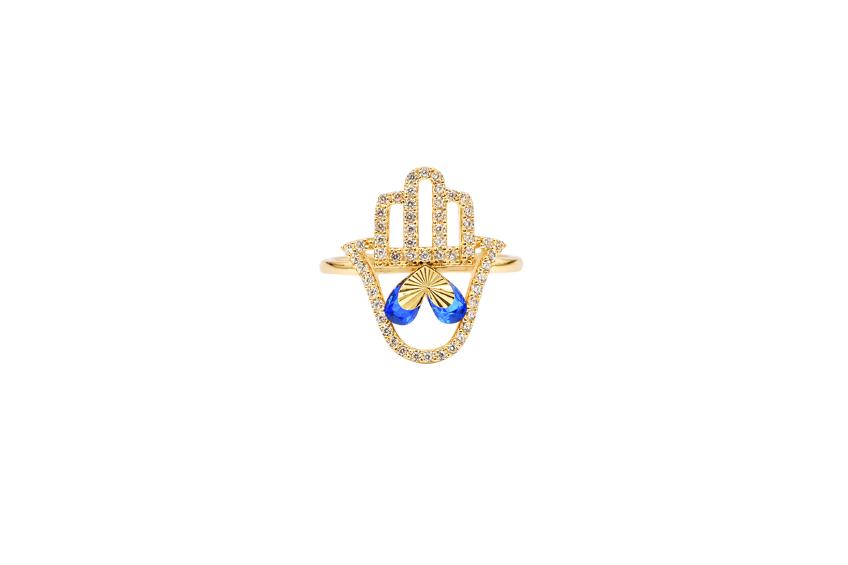 14KT Gold Ring Women's Hand 2 Navy Blue Pear Center CZ Stones with White CZ Stones Borders and Plain Band